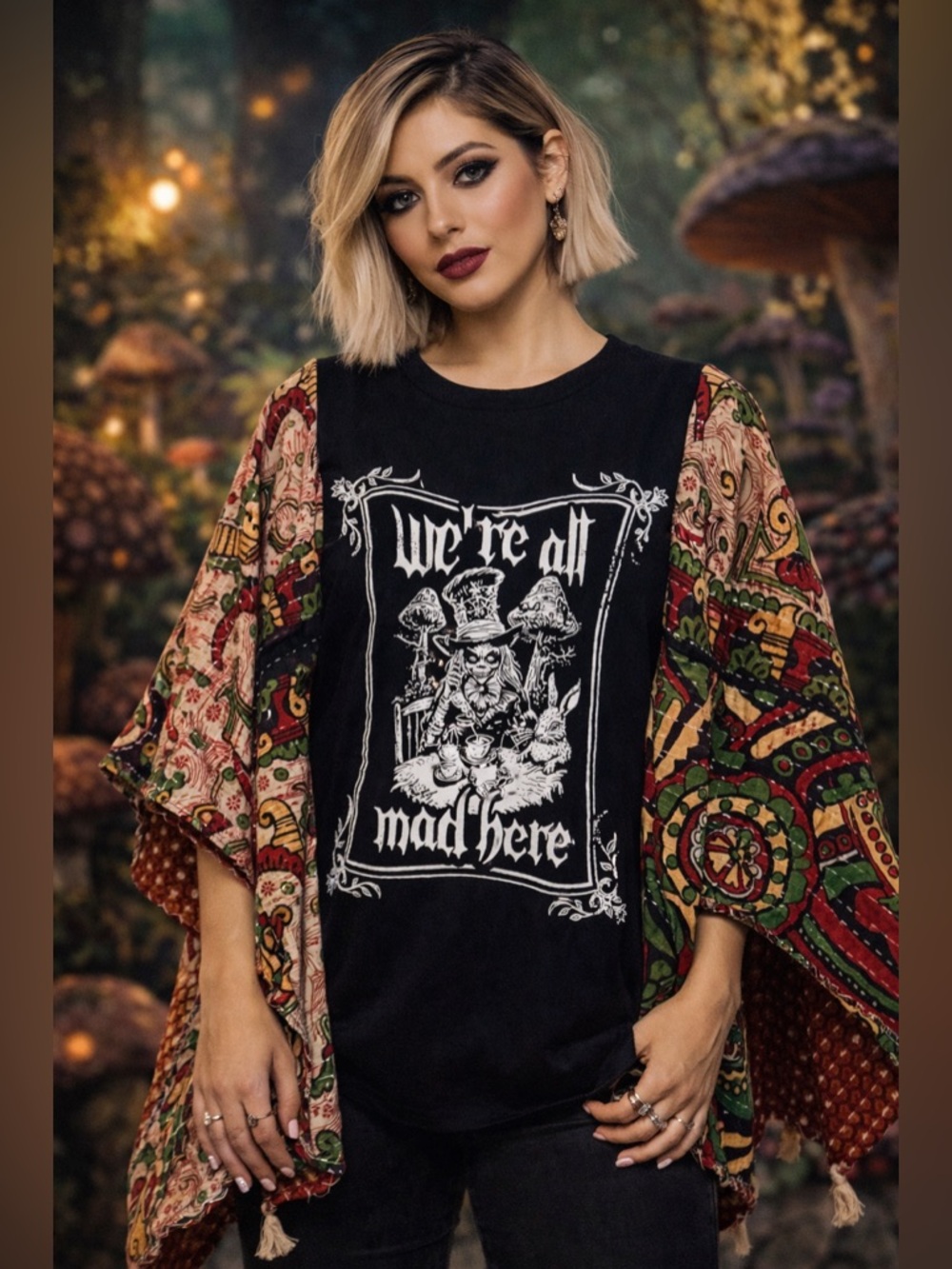 We’re All Mad Hatter Here Kantha Sleeves Upcycled Poncho Pullover Top Wonderland